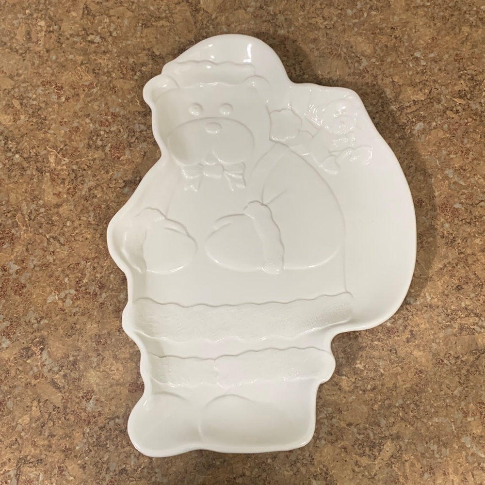 Bloomingdales white Christmas platter. Santa (bear)with sack of presents.